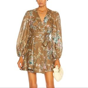 Zimmermann Short Linen Wrap Dress in Brown Floral Print – Size 1